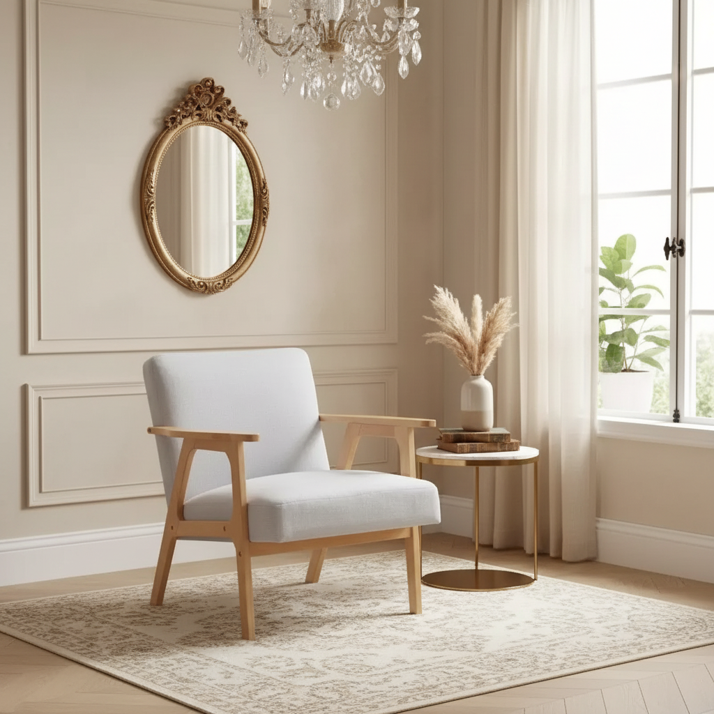 Fauteuil d'appoint rembourré en tissu avec cadre en hévéa de style milieu de siècle
