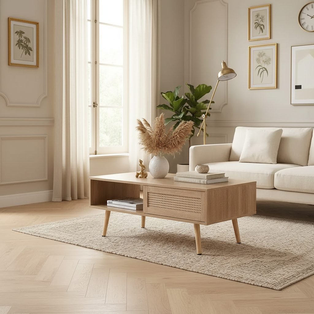 Table basse en osier avec portes coulissantes de rangement
