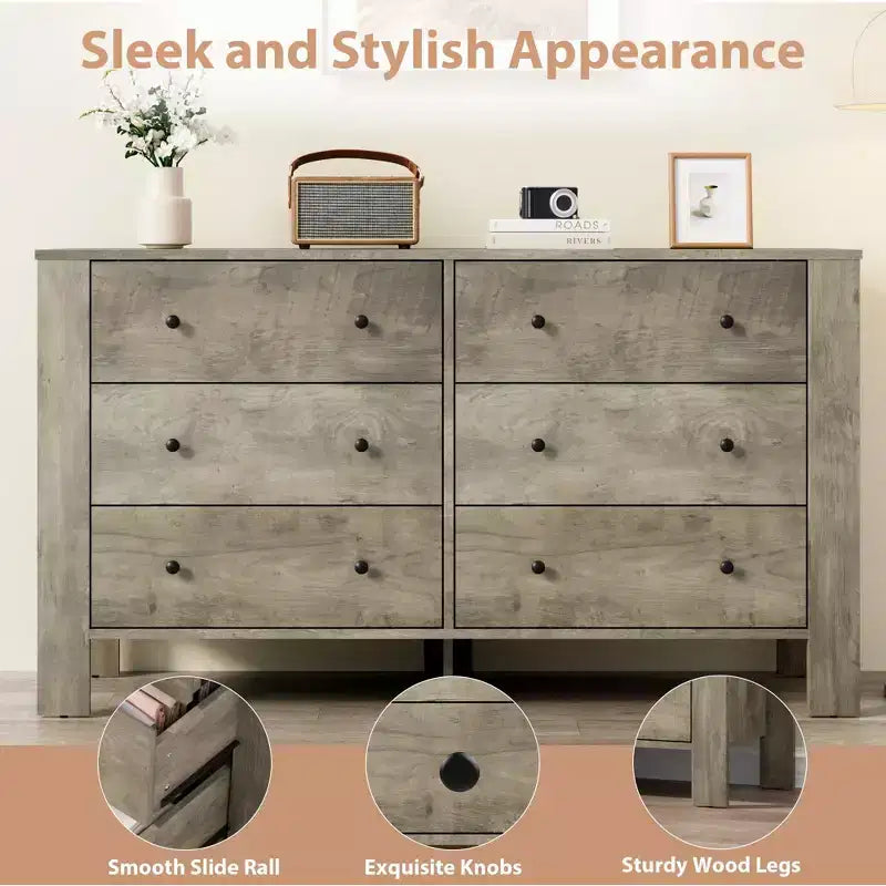 Une commode à six tiroirs convient aux chambres à coucher, aux entrées, aux couloirs,