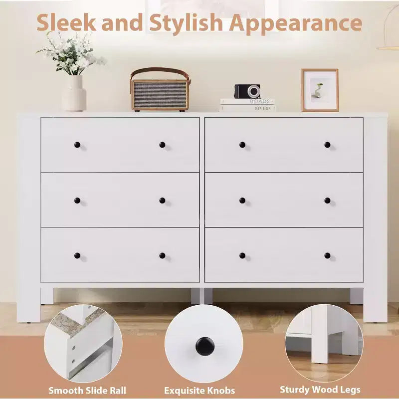 Une commode à six tiroirs convient aux chambres à coucher, aux entrées, aux couloirs,