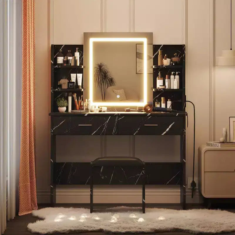 Coiffeuse de chambre avec lumière, miroir et tabouret.