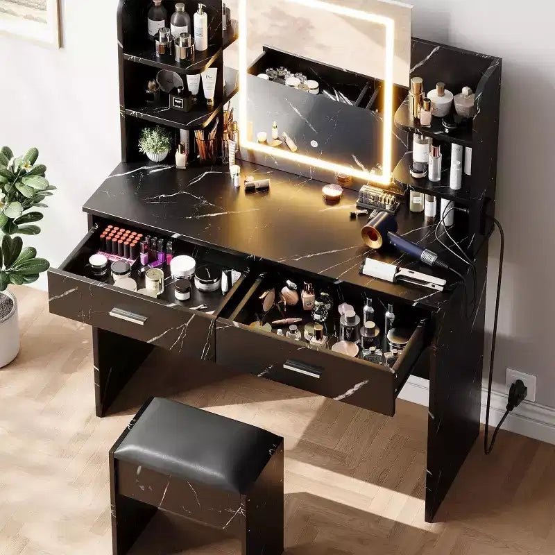 Coiffeuse de chambre avec lumière, miroir et tabouret.