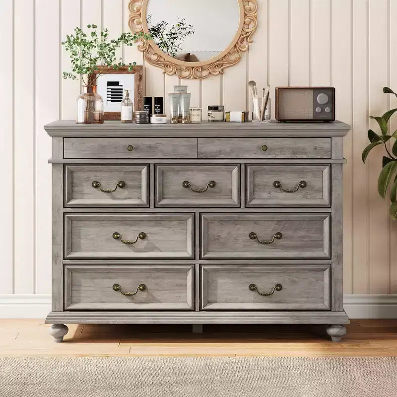 Commode à 9 tiroirs pour chambre à coucher, commode en bois de style ferme avec poignées, organisateur de tiroirs de rangement pour bijoux pour salon, couloir