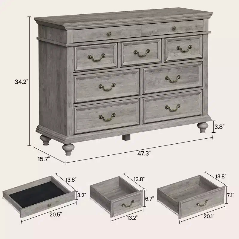 Commode à 9 tiroirs pour chambre à coucher, commode en bois de style ferme avec poignées, organisateur de tiroirs de rangement pour bijoux pour salon, couloir