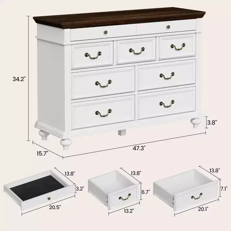 Commode à 9 tiroirs pour chambre à coucher, commode en bois de style ferme avec poignées, organisateur de tiroirs de rangement pour bijoux pour salon, couloir