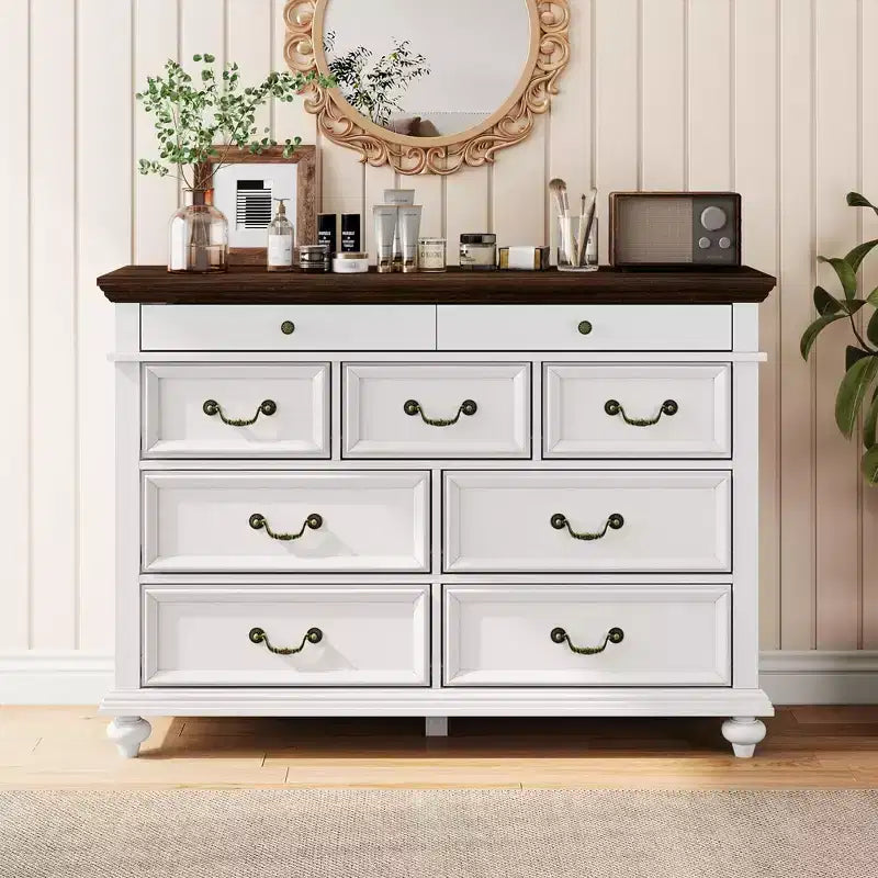 Commode à 9 tiroirs pour chambre à coucher, commode en bois de style ferme avec poignées, organisateur de tiroirs de rangement pour bijoux pour salon, couloir