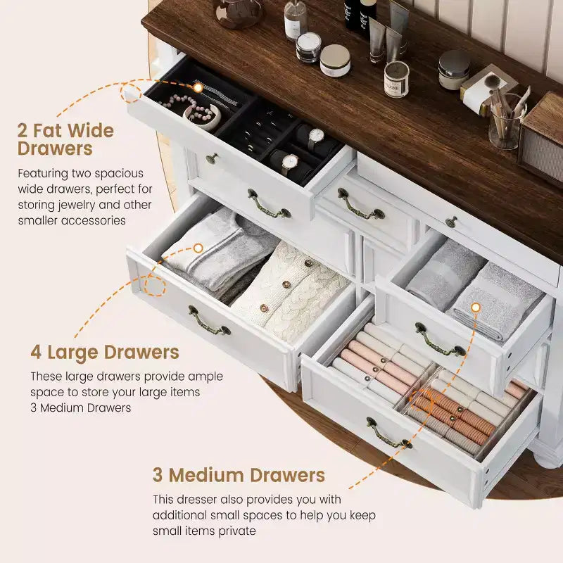 Commode à 9 tiroirs pour chambre à coucher, commode en bois de style ferme avec poignées, organisateur de tiroirs de rangement pour bijoux pour salon, couloir
