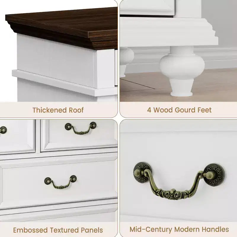 Commode à 9 tiroirs pour chambre à coucher, commode en bois de style ferme avec poignées, organisateur de tiroirs de rangement pour bijoux pour salon, couloir