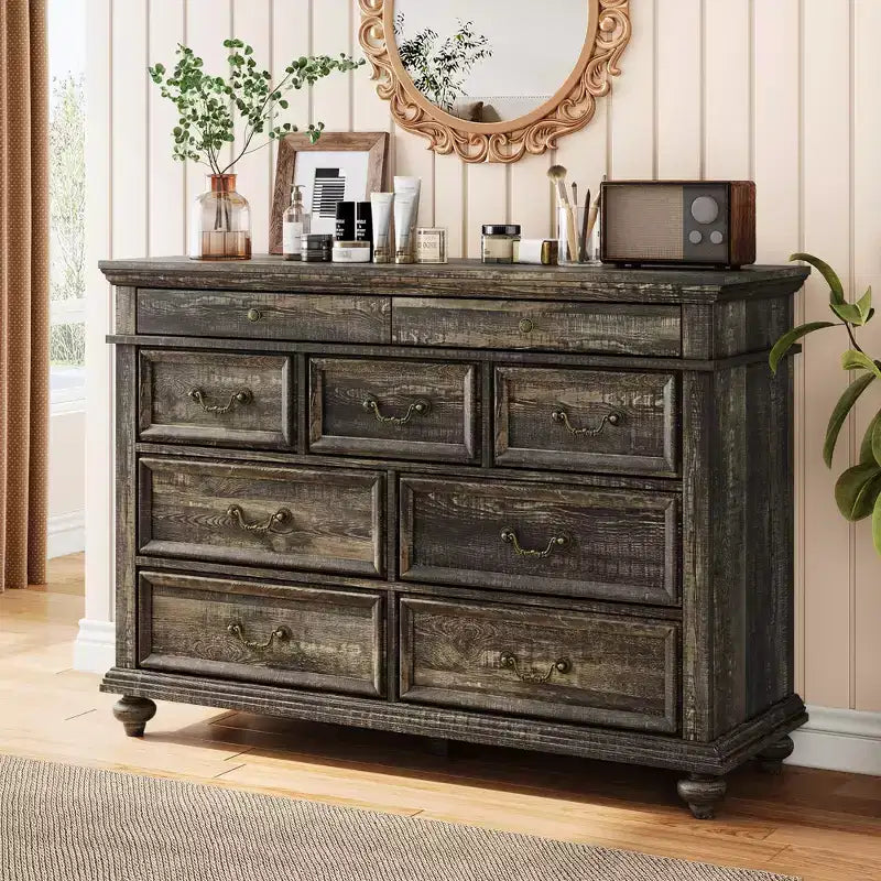 Commode à 9 tiroirs pour chambre à coucher, commode en bois de style ferme avec poignées, organisateur de tiroirs de rangement pour bijoux pour salon, couloir