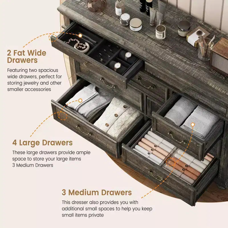 Commode à 9 tiroirs pour chambre à coucher, commode en bois de style ferme avec poignées, organisateur de tiroirs de rangement pour bijoux pour salon, couloir