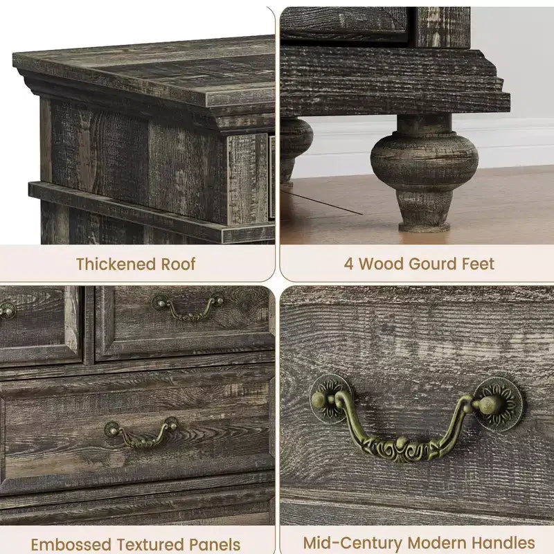 Commode à 9 tiroirs pour chambre à coucher, commode en bois de style ferme avec poignées, organisateur de tiroirs de rangement pour bijoux pour salon, couloir