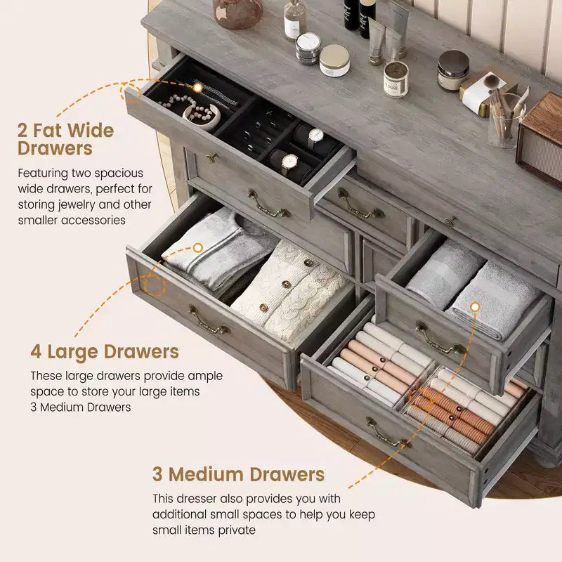 Commode à 9 tiroirs pour chambre à coucher, commode en bois de style ferme avec poignées, organisateur de tiroirs de rangement pour bijoux pour salon, couloir