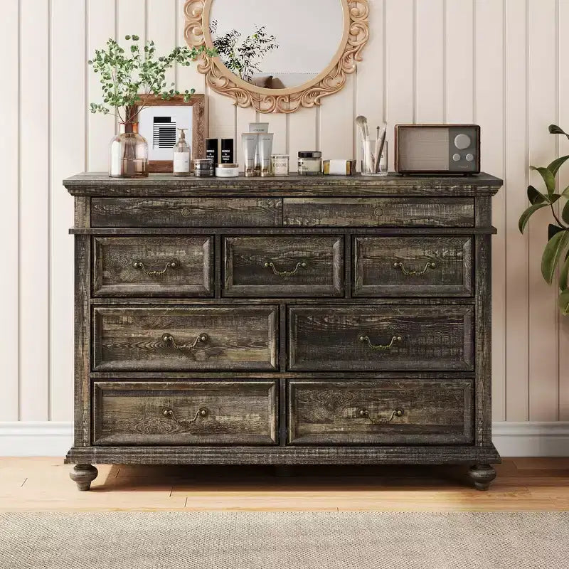 9 Drawers Dresser for Bedroom, Farmhouse Wood Chest of Drawers with Handle, Jewelry Storage Dressers Organizer for Living Room, Hallway