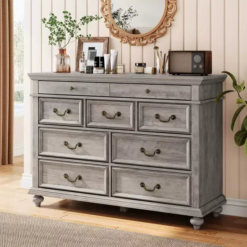 Commode à 9 tiroirs pour chambre à coucher, commode en bois de style ferme avec poignées, organisateur de tiroirs de rangement pour bijoux pour salon, couloir