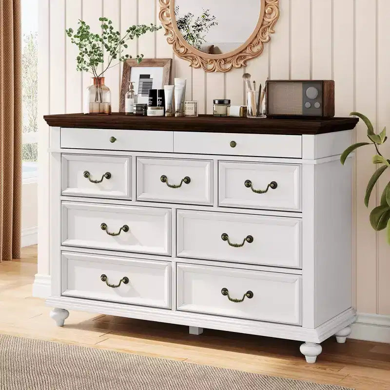 Commode à 9 tiroirs pour chambre à coucher, commode en bois de style ferme avec poignées, organisateur de tiroirs de rangement pour bijoux pour salon, couloir