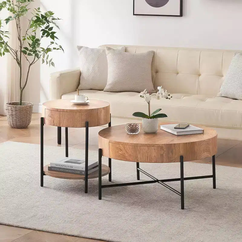 Table basse ronde en bois massif avec deux tiroirs