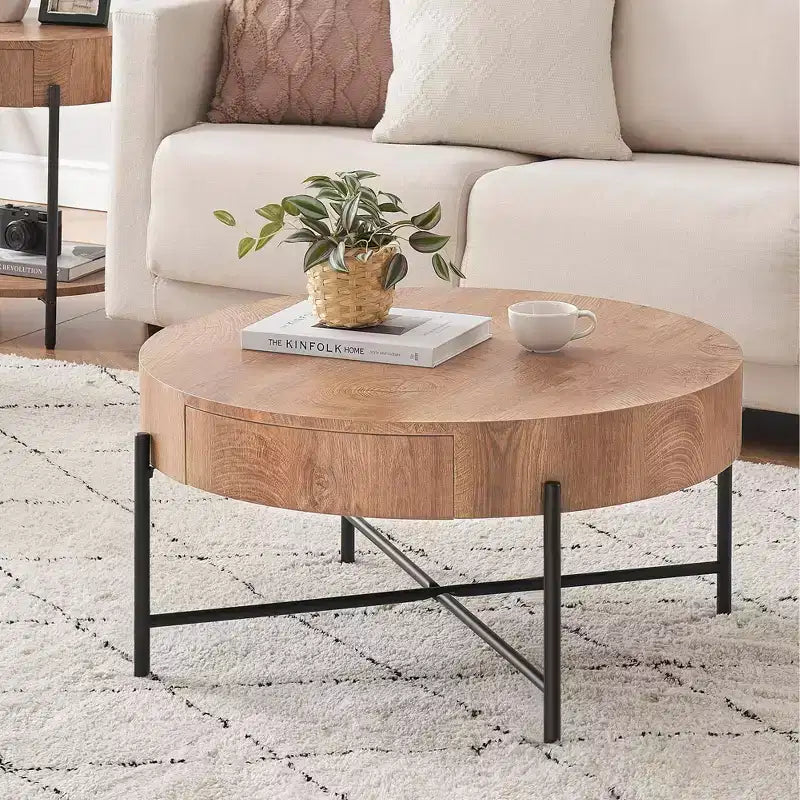 Table basse ronde en bois massif avec deux tiroirs