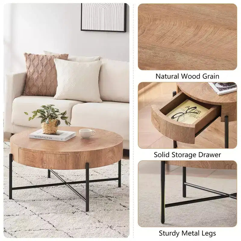 Table basse ronde en bois massif avec deux tiroirs