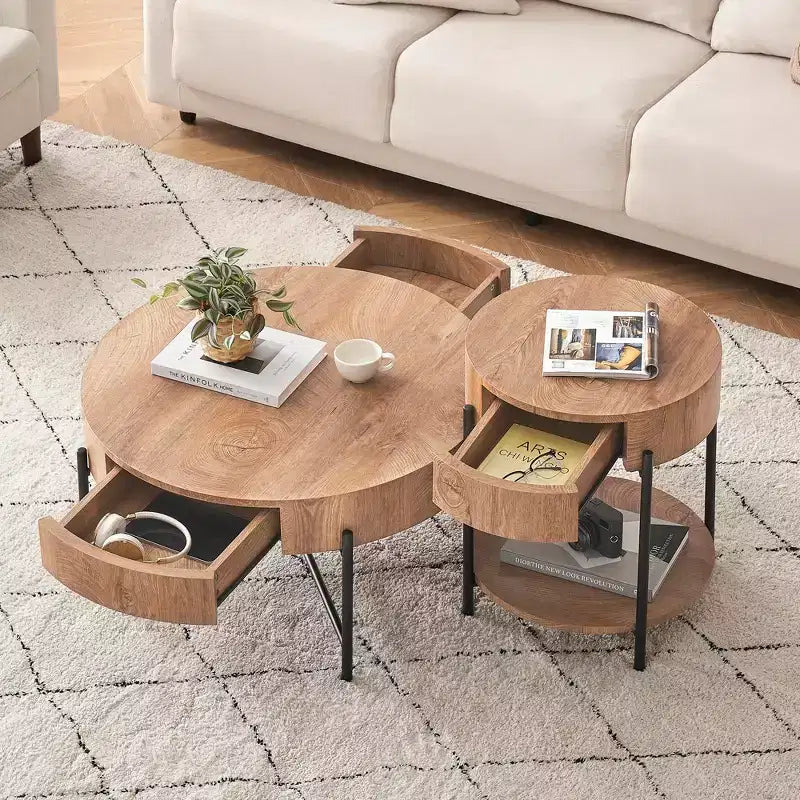 Table basse ronde en bois massif avec deux tiroirs