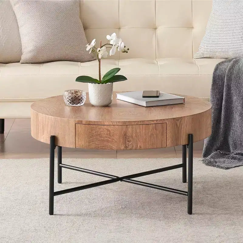 Table basse ronde en bois massif avec deux tiroirs