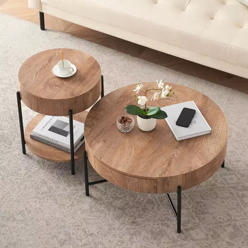 Table basse ronde en bois massif avec deux tiroirs