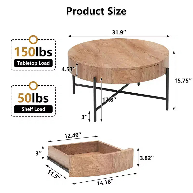 Table basse ronde en bois massif avec deux tiroirs