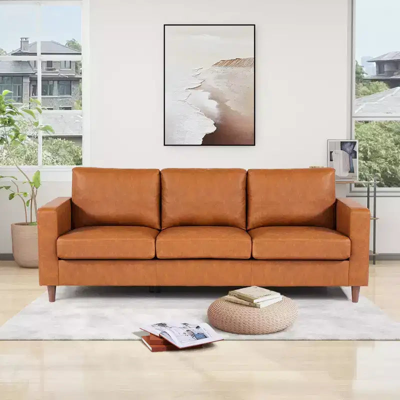 Canapé en cuir véritable marron - Canapé de style moderne du milieu du siècle