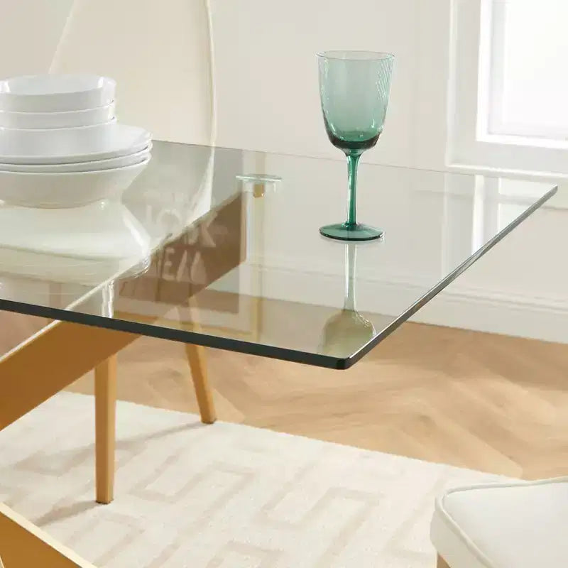 Table à manger, plateau en verre, pieds en acier