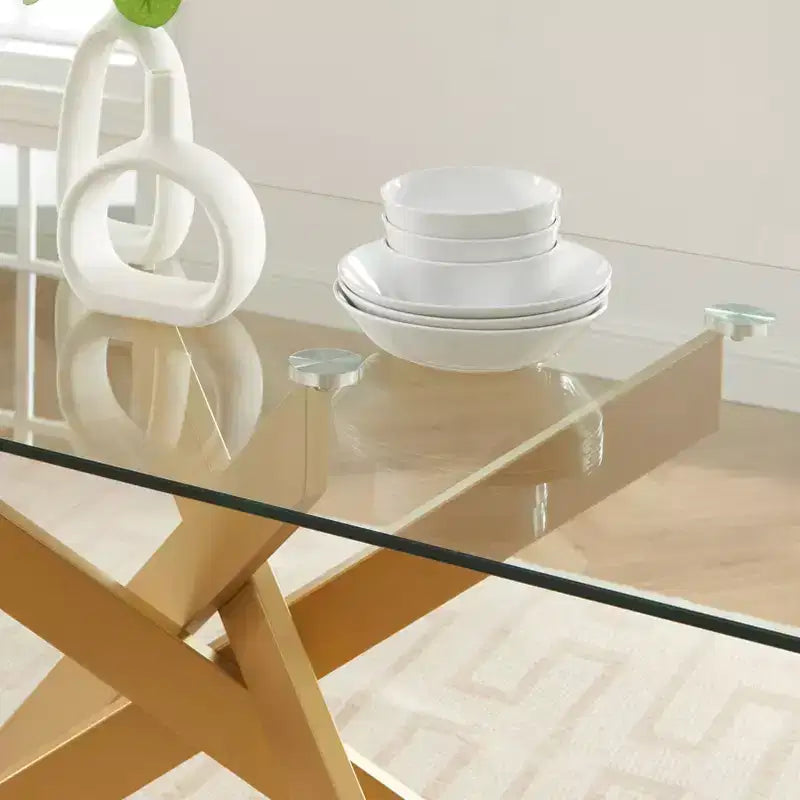 Table à manger, plateau en verre, pieds en acier