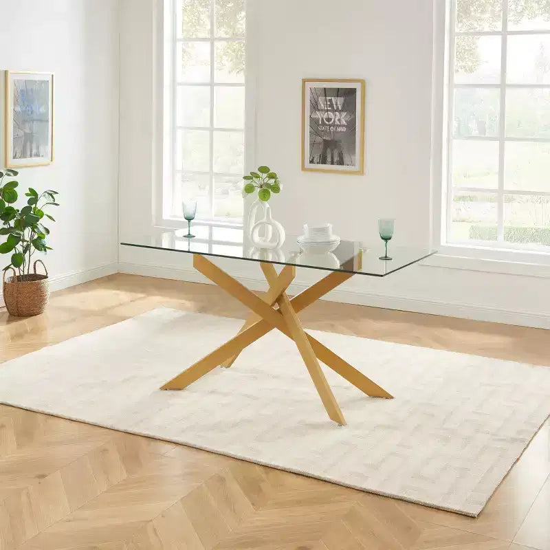 Table à manger, plateau en verre, pieds en acier