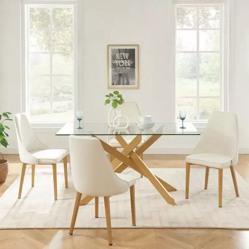Table à manger, plateau en verre, pieds en acier