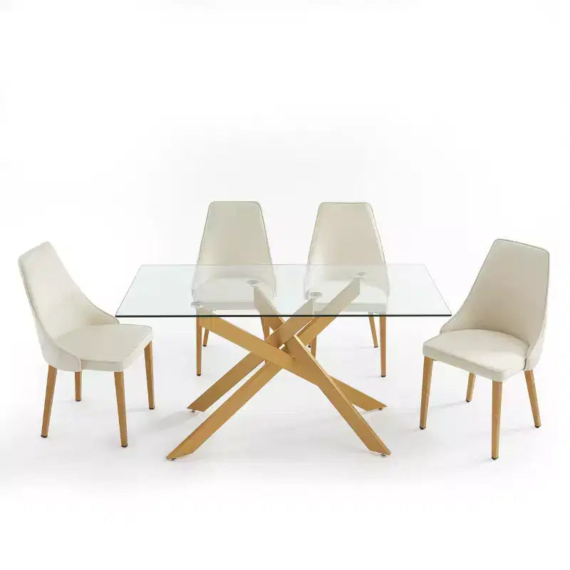 Table à manger, plateau en verre, pieds en acier