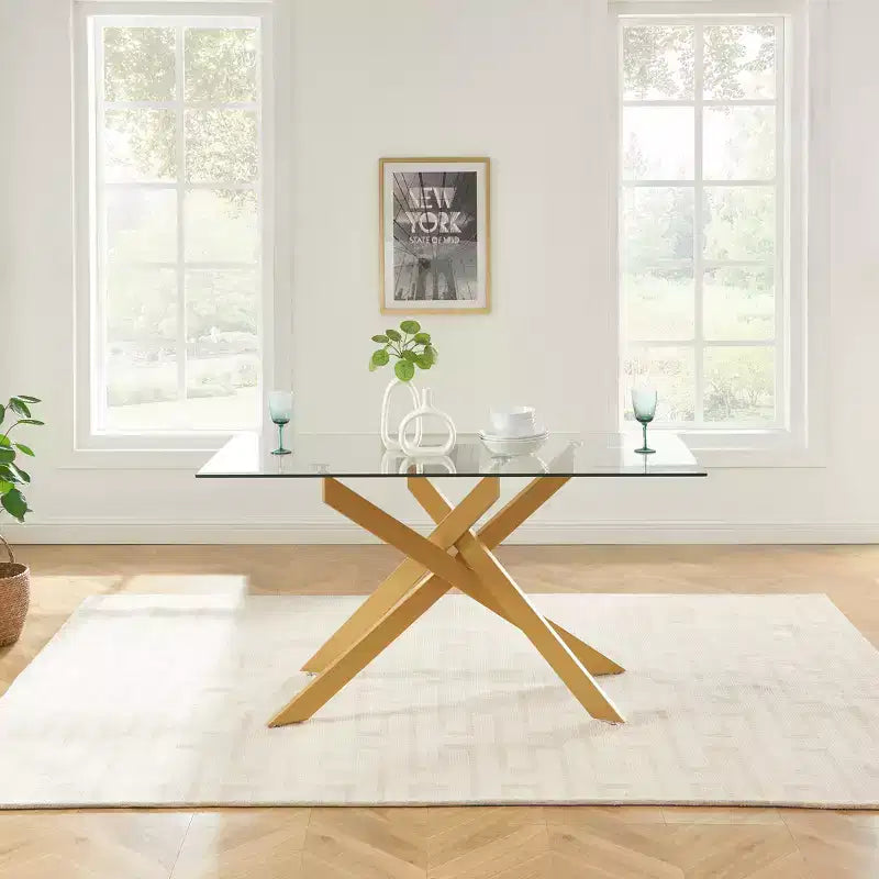 Table à manger, plateau en verre, pieds en acier