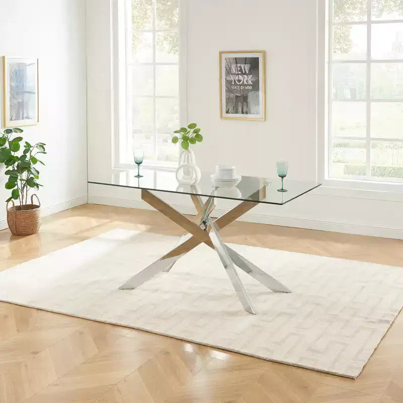 Table à manger, plateau en verre, pieds en acier
