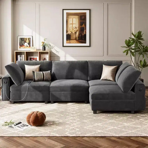 Sectional Couch, 105'' L Shaped 4 Seater Velvet Sofa with Charging Ports - Comfy Deep Seat Mid Century Modern for Living Room Apartment