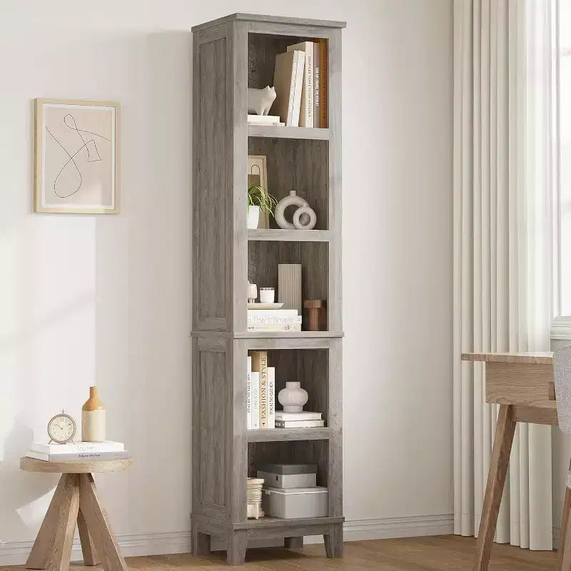 Narrow Bookcase 5 Tier Farmhouse Bookshelf Wooden Bookshelves Rustic Vintage Etagere Oak for Home Office, Living Room, Bed Room,Gray