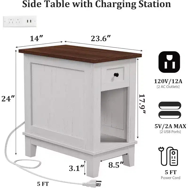 Table d'appoint de style rustique avec station de recharge et tiroirs de rangement