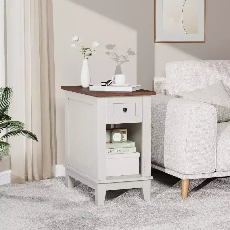 Table d'appoint de style rustique avec station de recharge et tiroirs de rangement