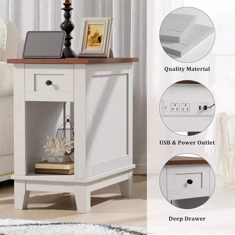 Table d'appoint de style rustique avec station de recharge et tiroirs de rangement
