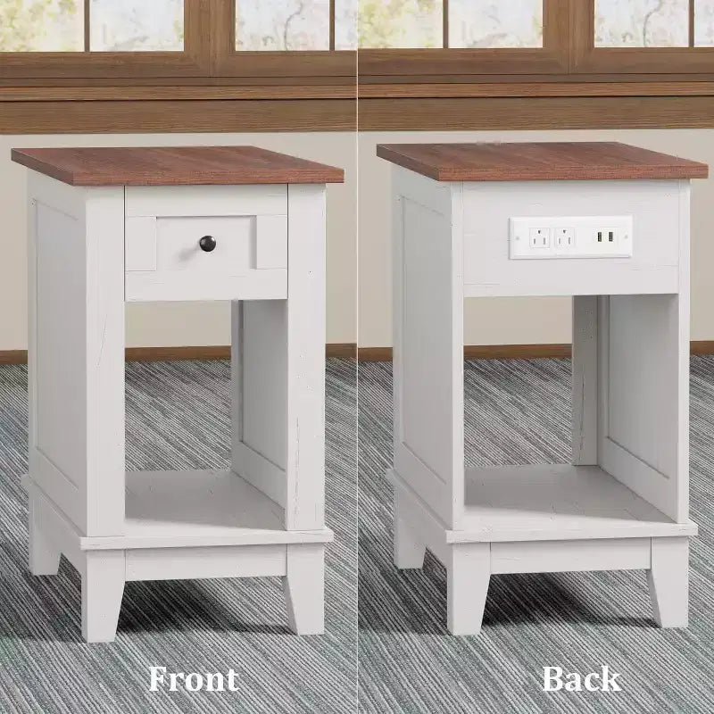 Table d'appoint de style rustique avec station de recharge et tiroirs de rangement