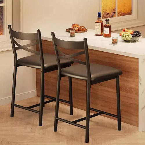 Counter Height Bar Stools, PU Leather Upholstered Seat Bar Chairs with X-Back Design & Footrest, Metal Frame Stools