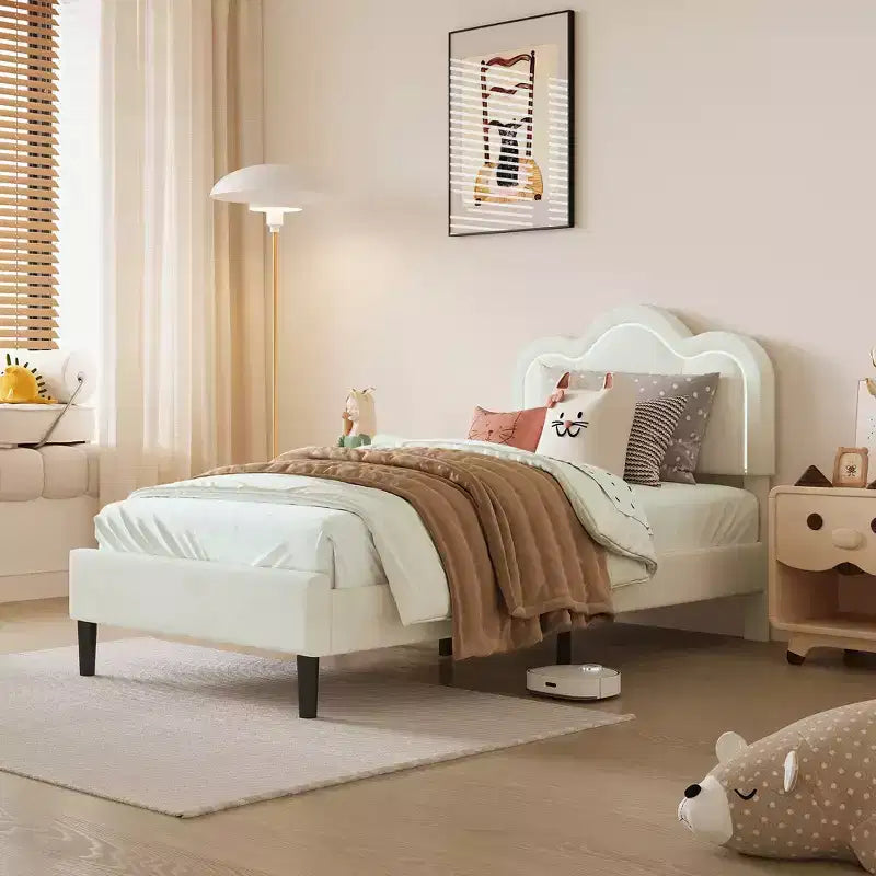 Twin Upholstered Bed Frame with Adjustable Mountain Headboard Kids Platform Bed Frame with Wooden Slats Support and RGB LED Light