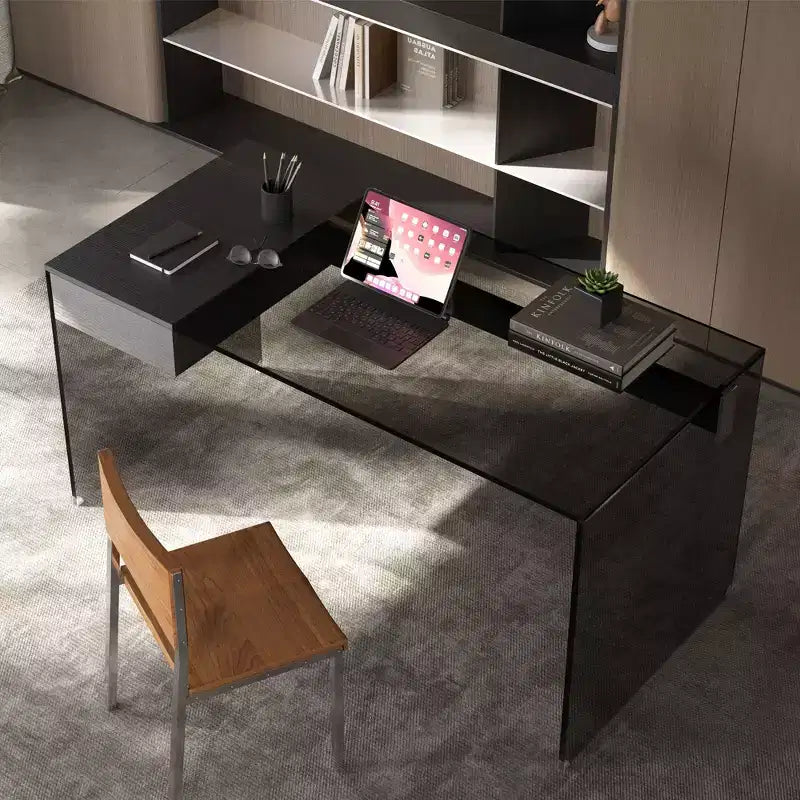Gaoyangjiaju 53.14 Modern Computer Desk with 3C Tempered Glass Top and Dual-Zone Storage, Sleek Black Minimalist Writing Desk for Home Office
