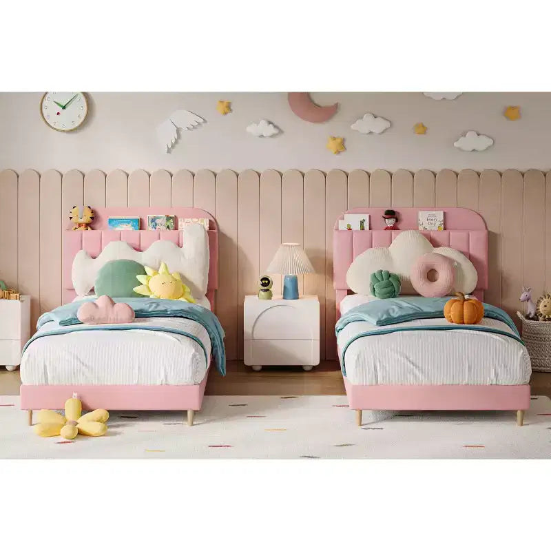 2PCS Twin Bed Frames, Upholstered Platform Bed Frame with Bookcase Headboard, Velvet Platform Bed Mattress Foundation, Heavy Duty Steel Support Legs