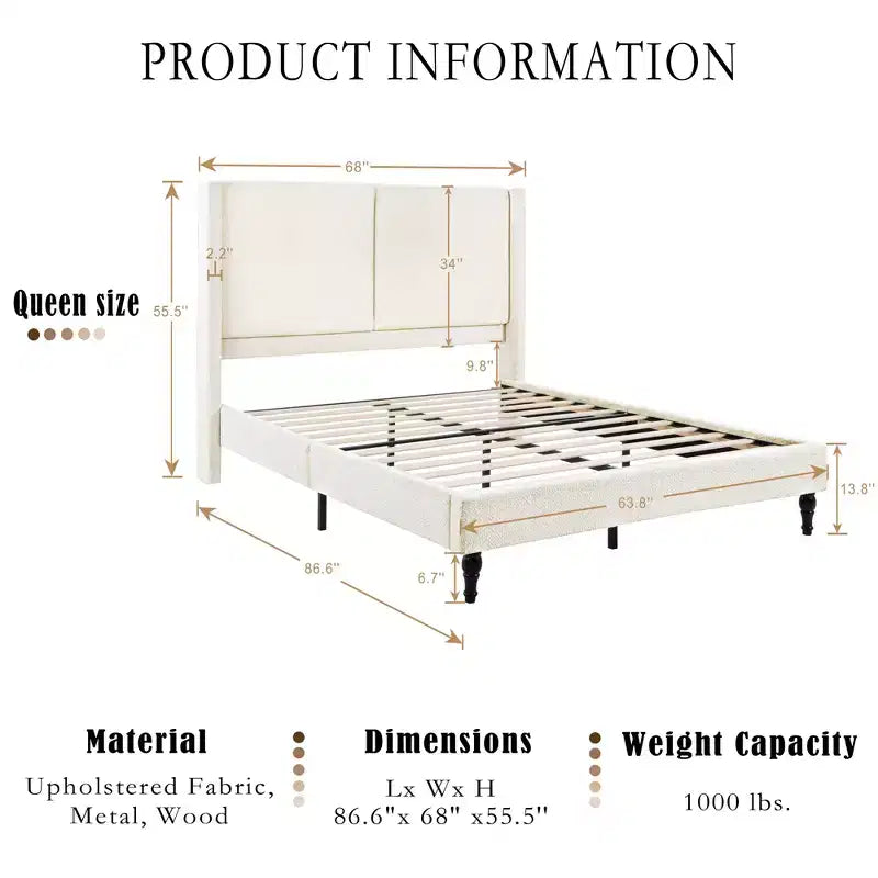 Cadre de lit plateforme Queen/King size avec tête de lit capitonnée