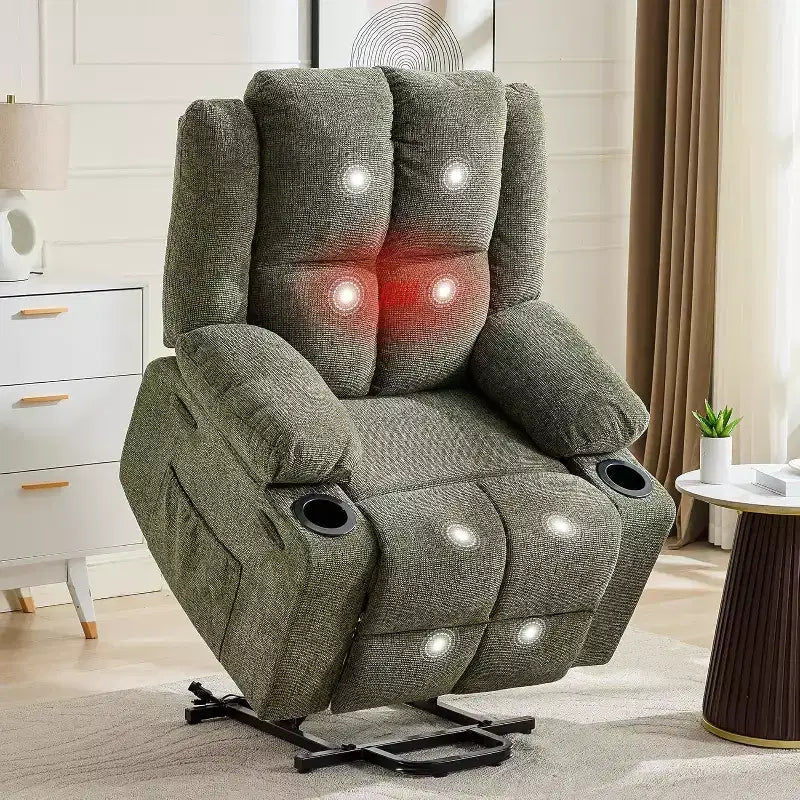 Recliner with Massage  Oversized Lift Assist Chair, 155 Lay-Flat Recline, 2 Cup Holders, Linen Fabric for Elderly & Living Room Comfort