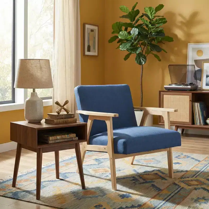 Fauteuil d'appoint rembourré en tissu avec cadre en hévéa de style milieu de siècle