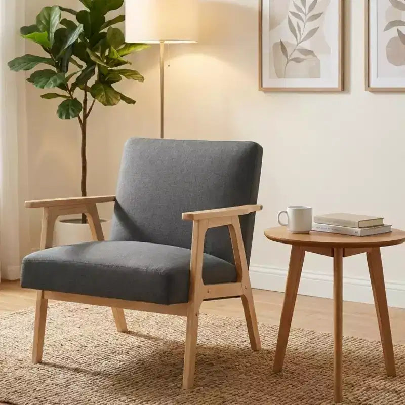 Fauteuil d'appoint rembourré en tissu avec cadre en hévéa de style milieu de siècle