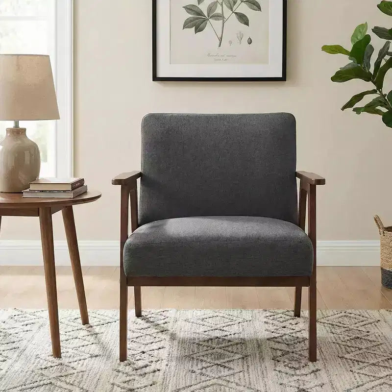 Fauteuil d'appoint rembourré en tissu avec cadre en hévéa de style milieu de siècle
