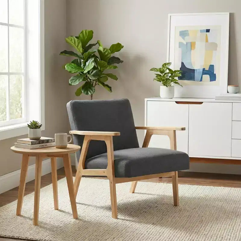 Fauteuil d'appoint rembourré en tissu avec cadre en hévéa de style milieu de siècle